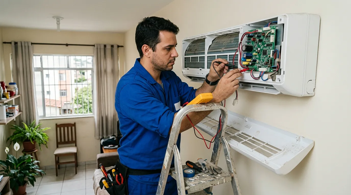 Técnico realizando conserto de ar condicionado em Anápolis-GO