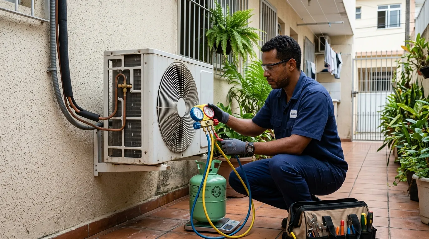 Técnico realizando carga de gás refrigerante em ar condicionado em Anápolis-GO